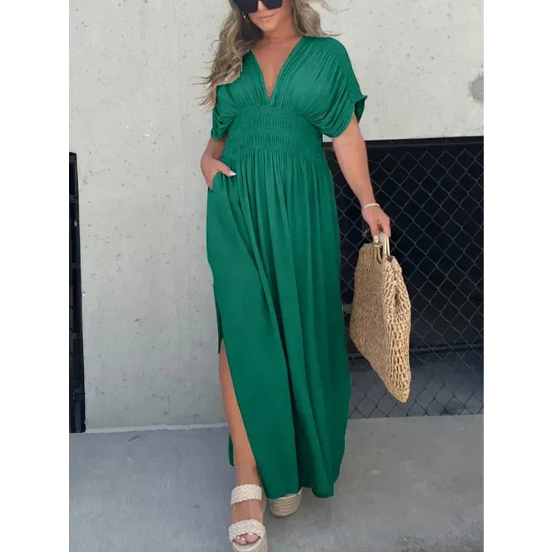 Slit V-neck casual long dress