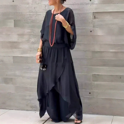 Loose Top & Slit Wide-Leg Pants Chiffon 2-Piece Set