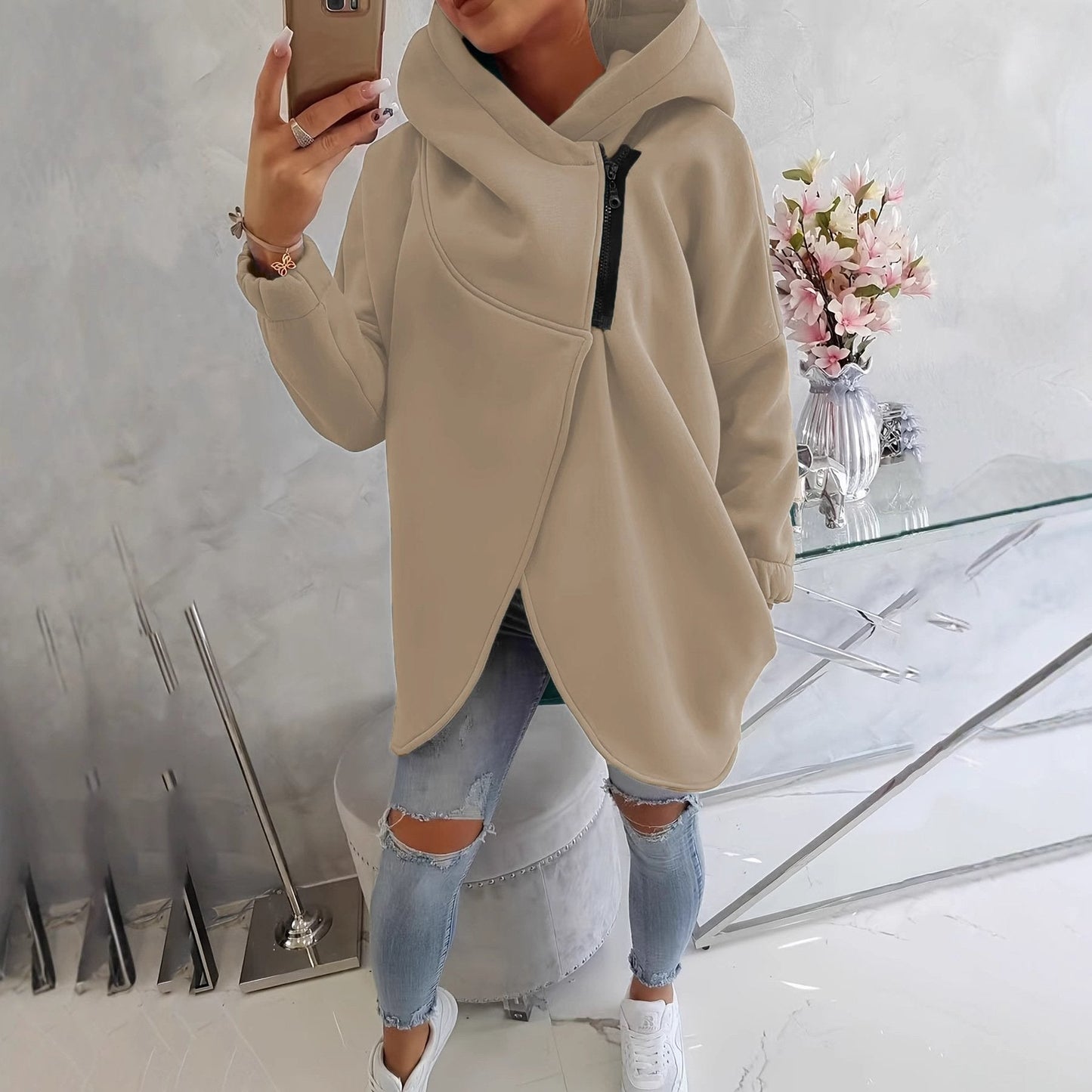 Women's Plus Size Hooded Sweatshirt, Half-zip Fashion Design