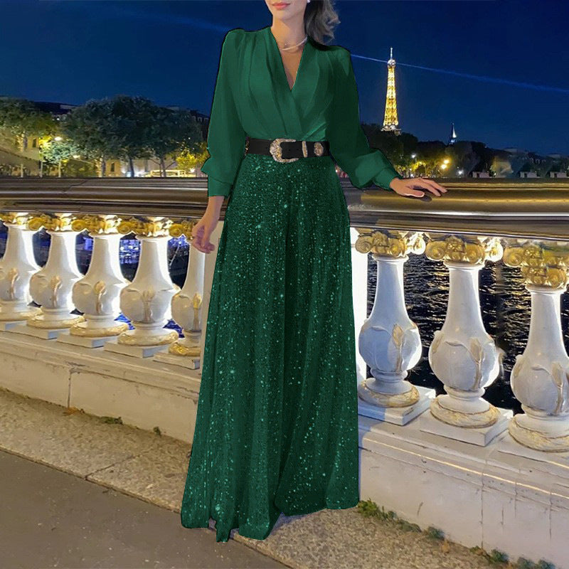 ❤️New v-neck sequined wide-leg pants two-piece sets