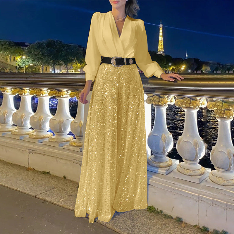 ❤️New v-neck sequined wide-leg pants two-piece sets