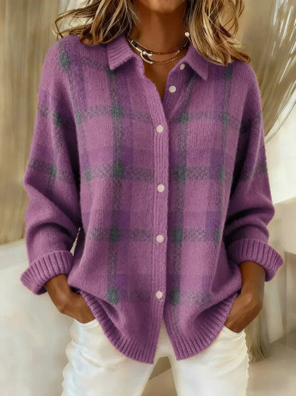 Plaid Button-Up Knit Sweater