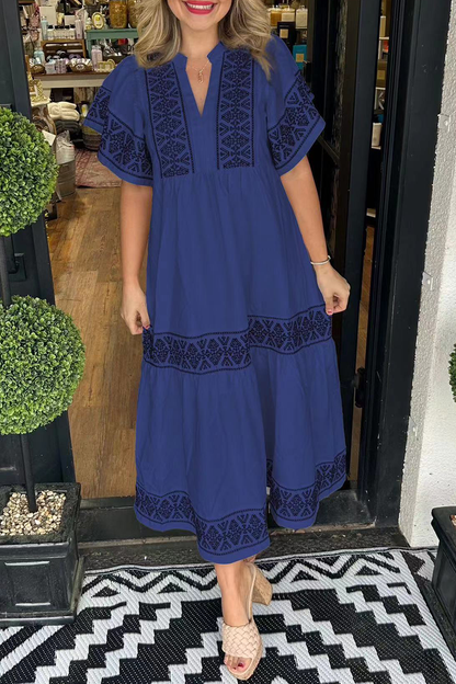 Geometric print patchwork V-neck A-line short-sleeved dress