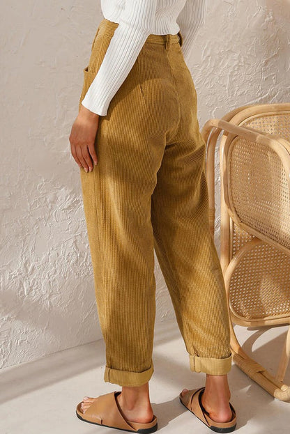 Mid Rise Button Zipper Side Pocket Corduroy Casual Pants