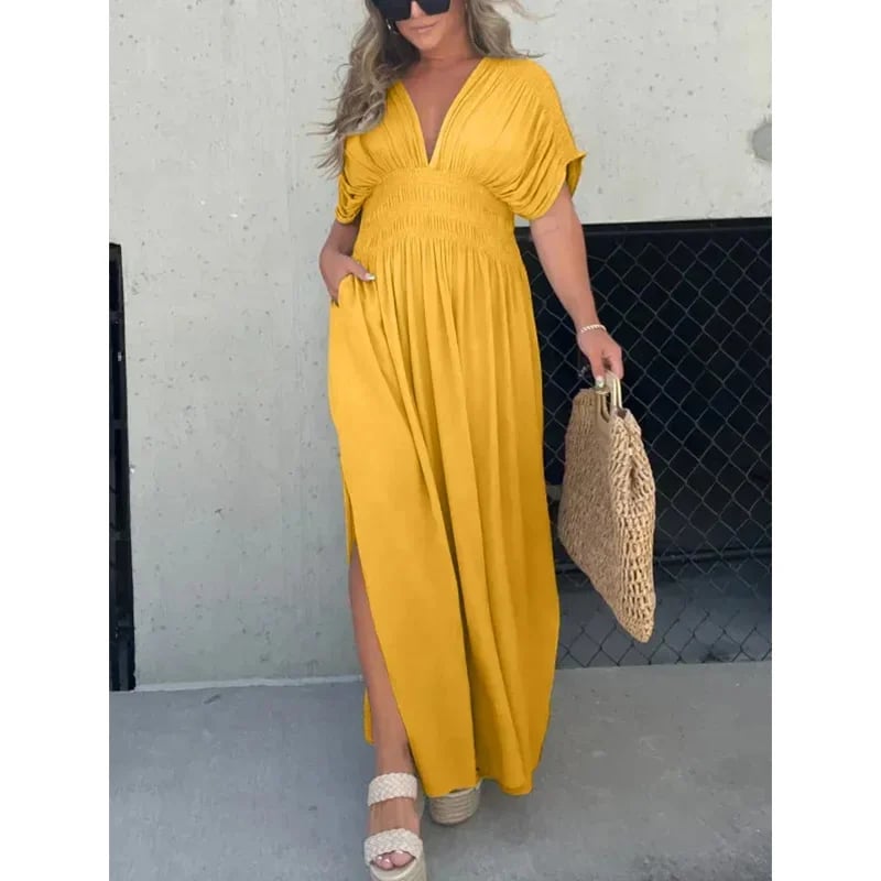 Slit V-neck casual long dress