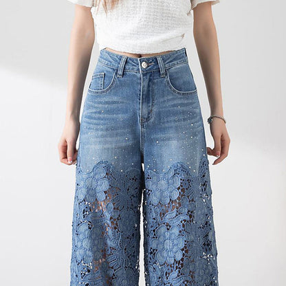 Women's High-Waisted Blue Denim Wide-Leg Pants