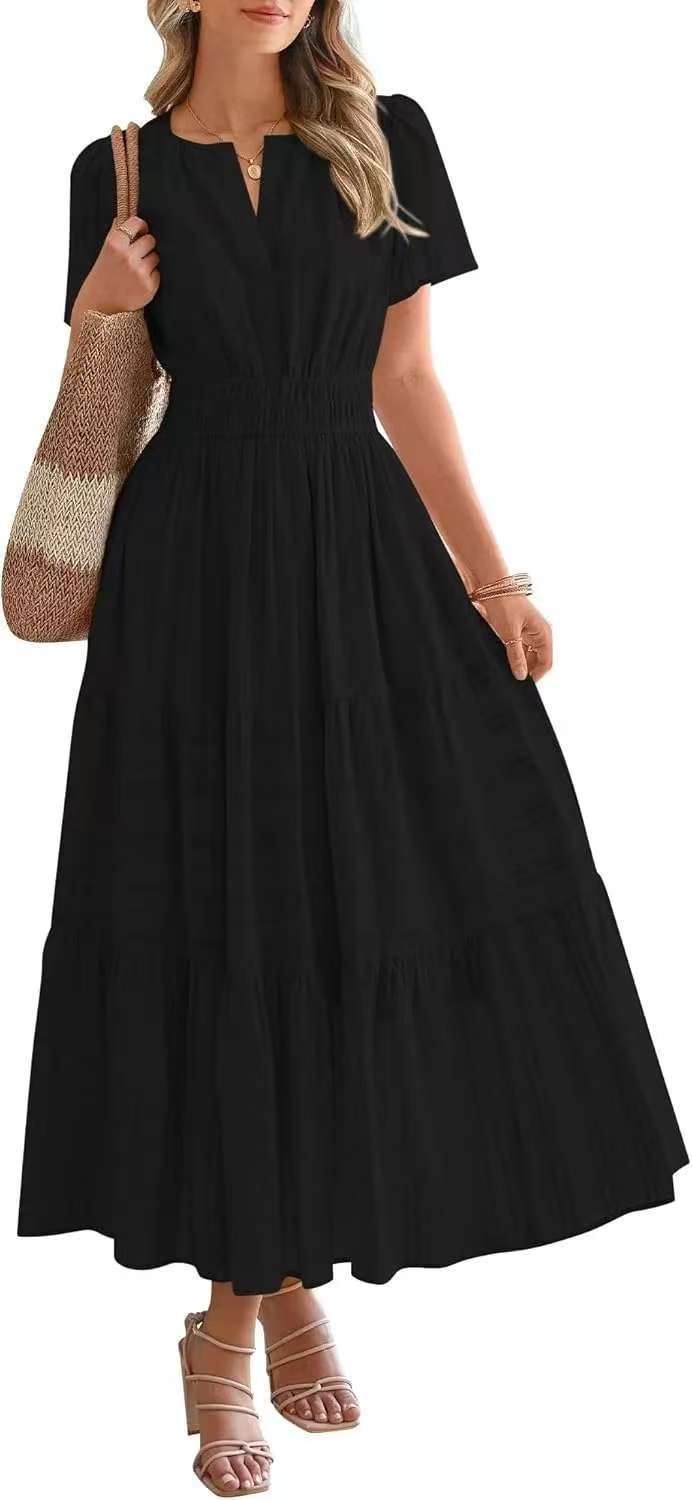 Lightweight Summer Maxi Dress with Pockets, V-Neck & Elastic Waist