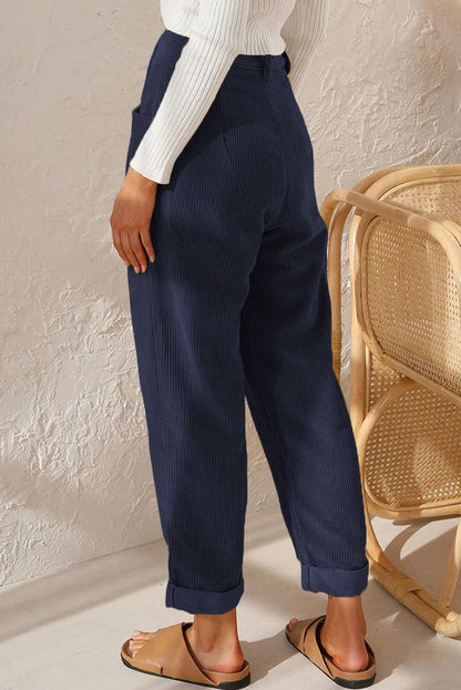 Mid Rise Button Zipper Side Pocket Corduroy Casual Pants