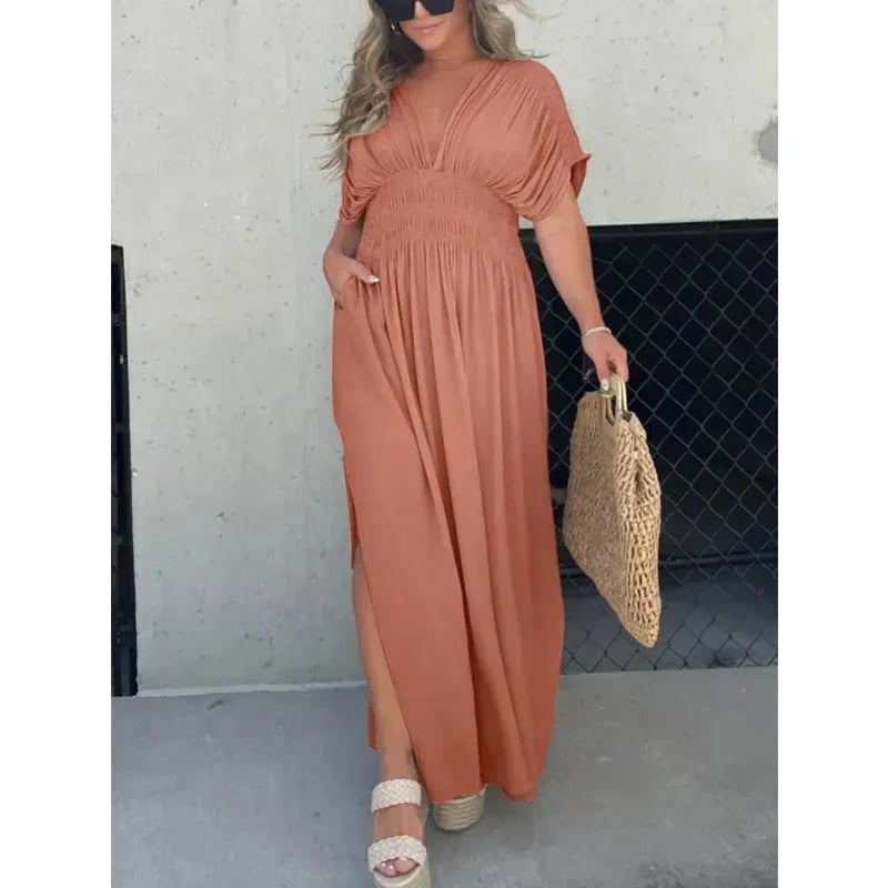 Slit V-neck casual long dress