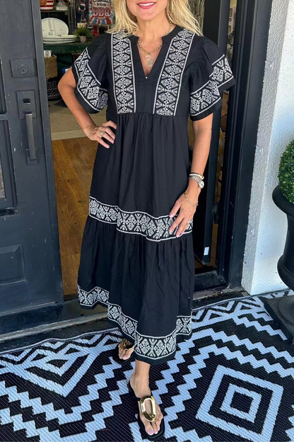 Geometric print patchwork V-neck A-line short-sleeved dress