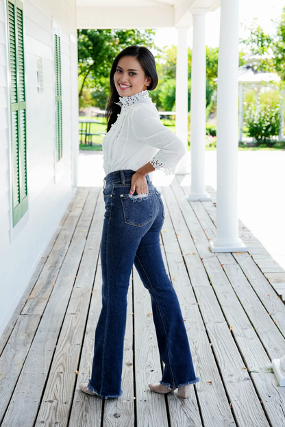 Vintage Double Button Frayed Hem Bootcut Jeans