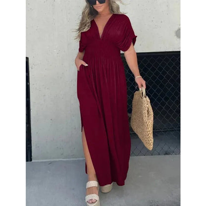 Slit V-neck casual long dress