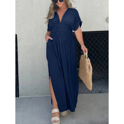 Slit V-neck casual long dress
